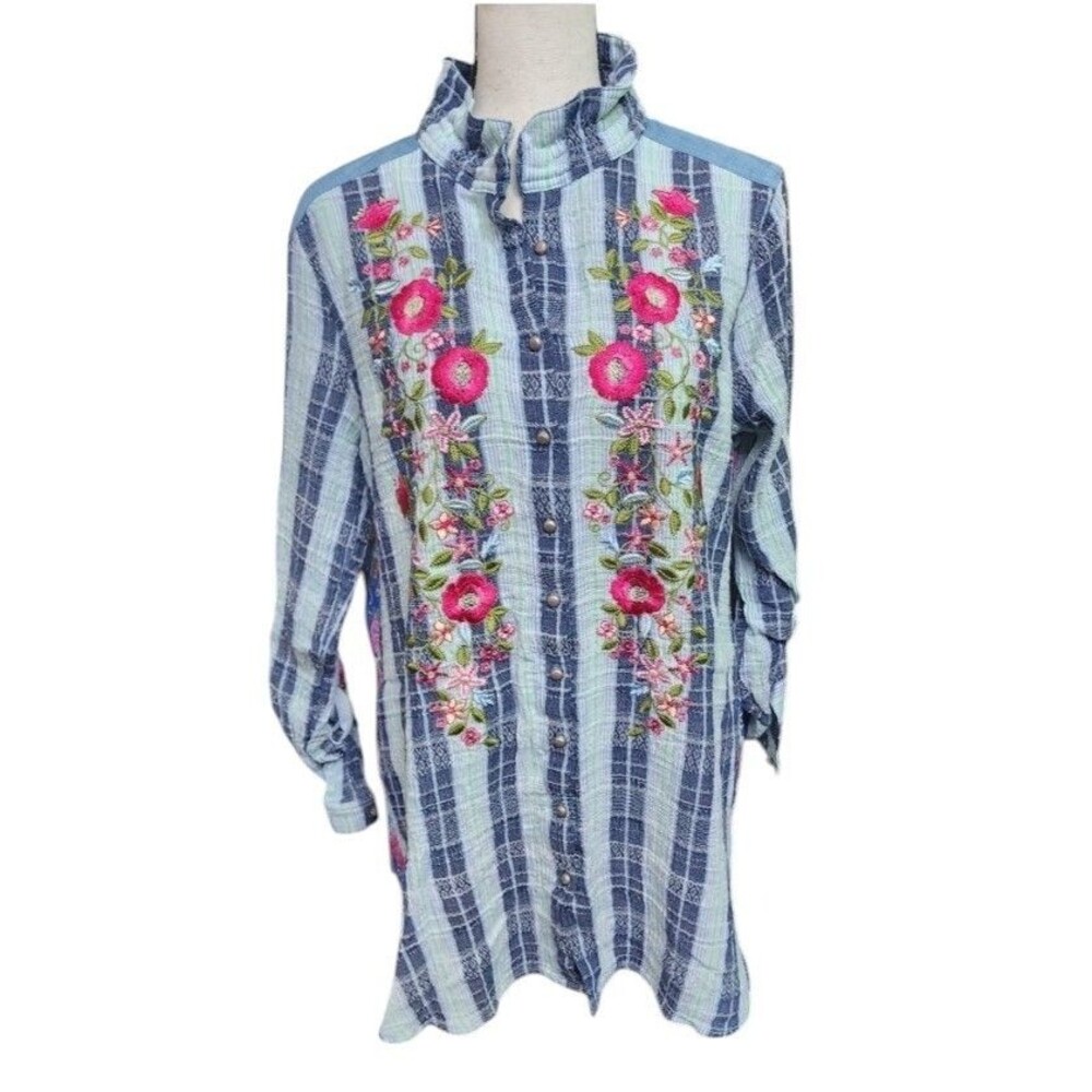 John Mark Embroidered Boho Tab Sleeve Top Size Medium